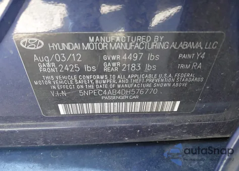 2013 Hyundai Sonata Limited 2.0T из США, поврежденный, VIN 5NPEC4AB4DH576770